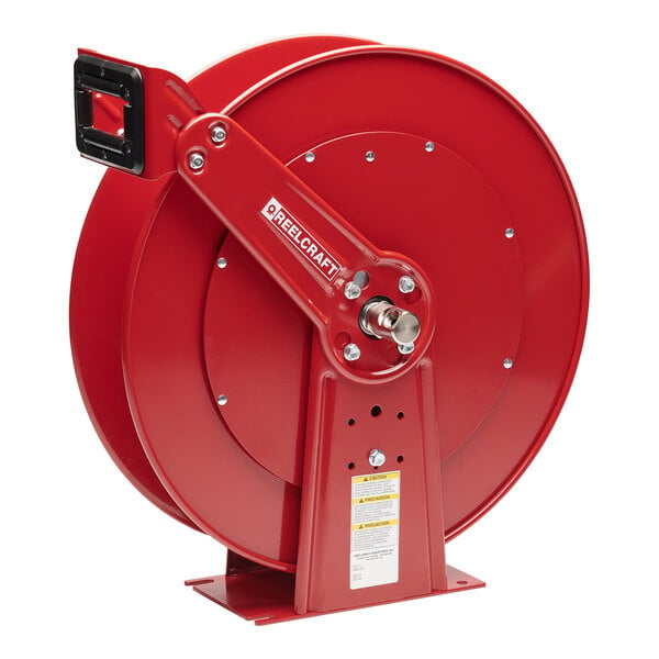 A red Reelcraft high pressure wash hose reel with a black handle.