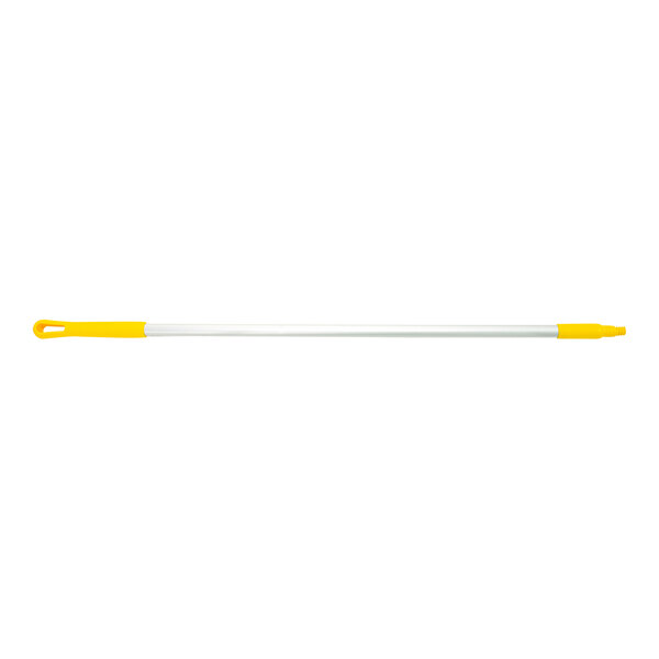 A yellow and white threaded aluminum broom/squeegee handle.
