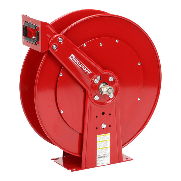 A red Reelcraft hose reel with a handle and lock.