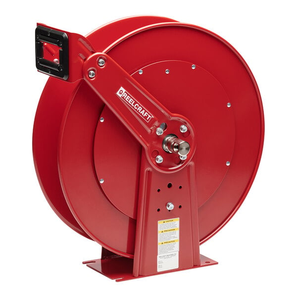 A red Reelcraft TH Twin hydraulic hose reel with a handle.