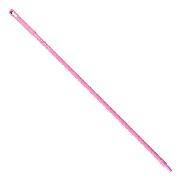 A pink threaded fiberglass handle for a squeegee.
