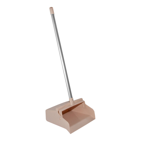 A Carlisle tan upright dustpan with a long silver handle.