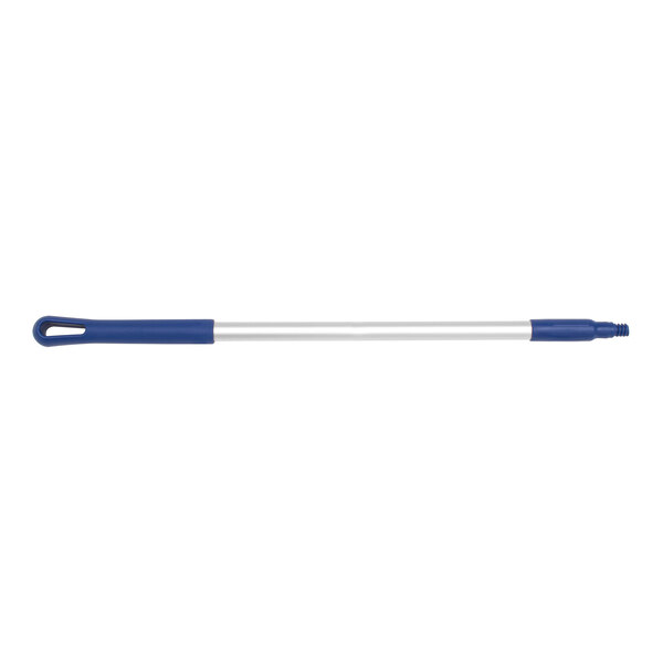 A blue and white Carlisle threaded aluminum broom / squeegee handle.