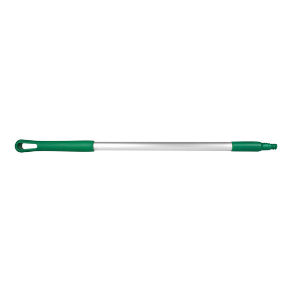 A green and white threaded aluminum broom/squeegee handle.