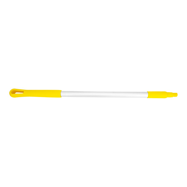 A yellow and white threaded aluminum tube with a black handle.