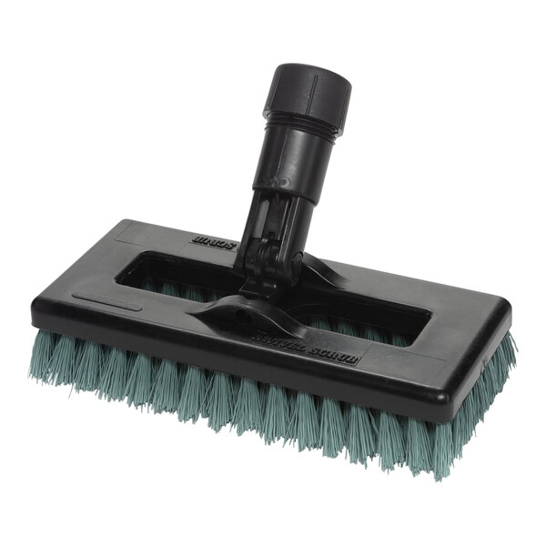 A Carlisle black and green swivel scrub brush with light grit nylon bristles.