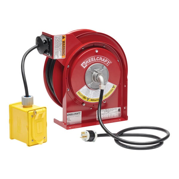A red and yellow Reelcraft electrical cord reel with a yellow cable.