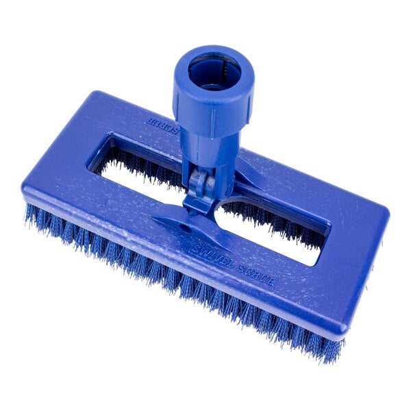 A Carlisle blue plastic swivel scrub brush with a handle.