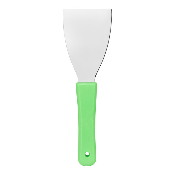 A lime green Carlisle handheld scraper with a white handle.