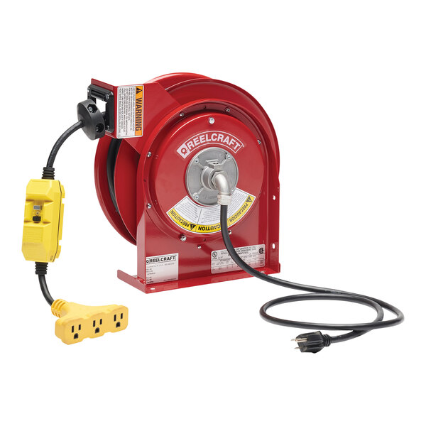 A red Reelcraft power cord reel with a yellow and black cable plugged into it.