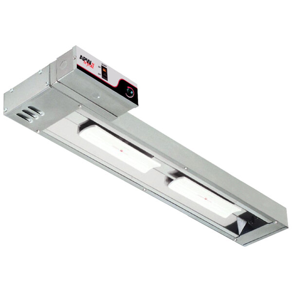 A stainless steel APW Wyott infrared food warmer with a long light fixture with a light on.