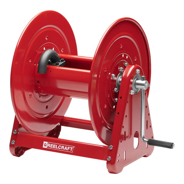 A red Reelcraft hose reel with a handle.