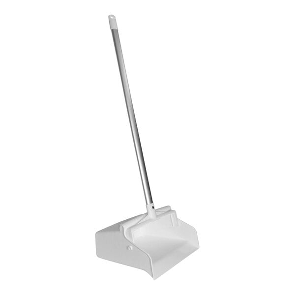 A white dustpan with a long silver handle.