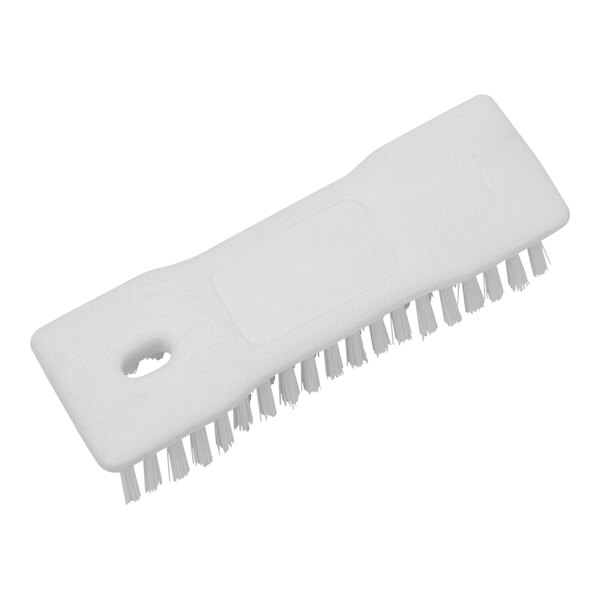A white plastic Carlisle Sparta handheld scrub brush with bristles.