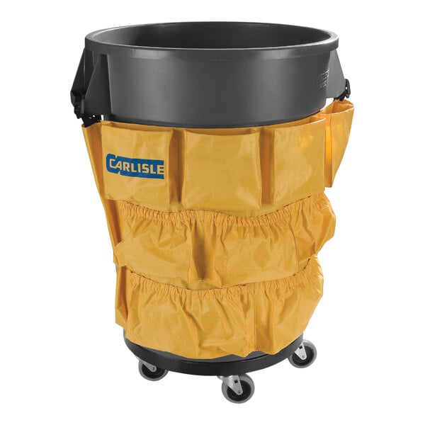 A black bucket with a yellow fabric cover on wheels.