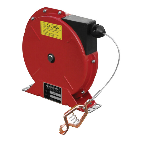A red Reelcraft heavy-duty spring retractable bonding reel with steel cable and a metal hook.