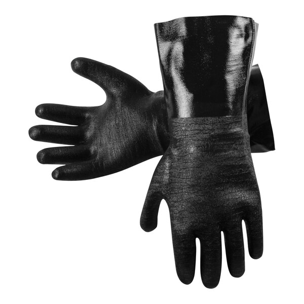 A pair of black San Jamar dishwashing gloves with a jersey lining.
