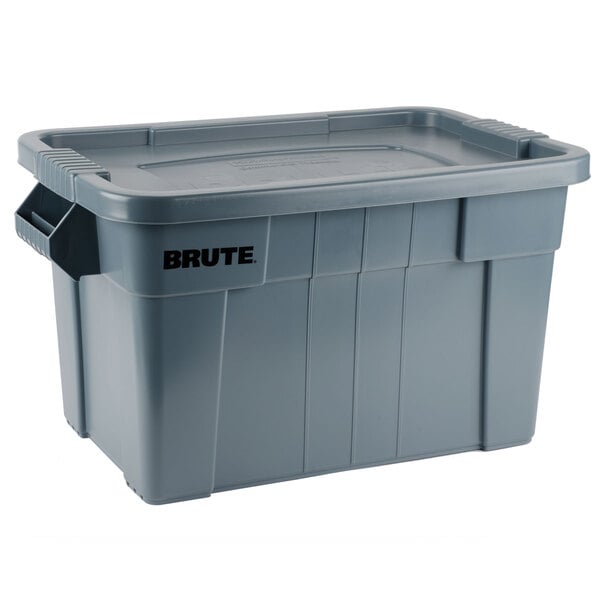 A grey Rubbermaid Brute 20 gallon plastic tote with lid.