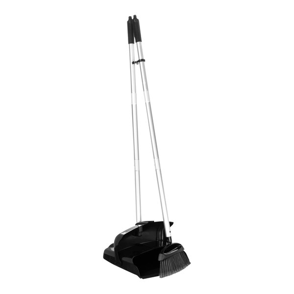 A black broom and dustpan set with two handles.