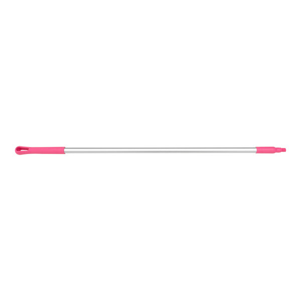 A pink and silver aluminum broom/squeegee handle with threads.