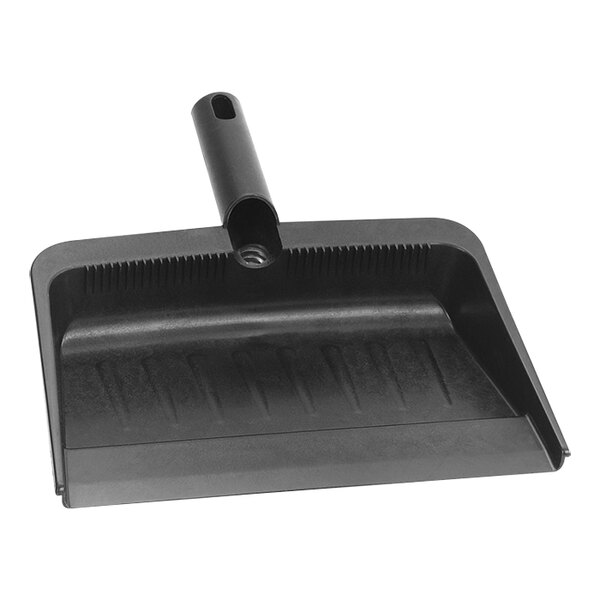 A black plastic Carlisle handheld dustpan with a handle.