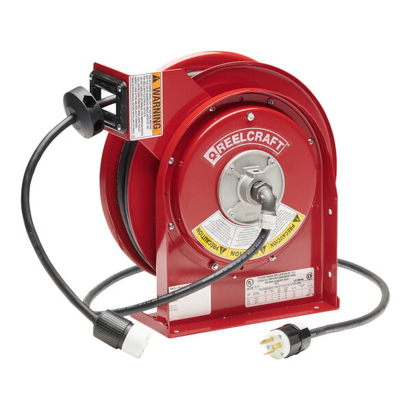 A red Reelcraft power cord reel with a cable.