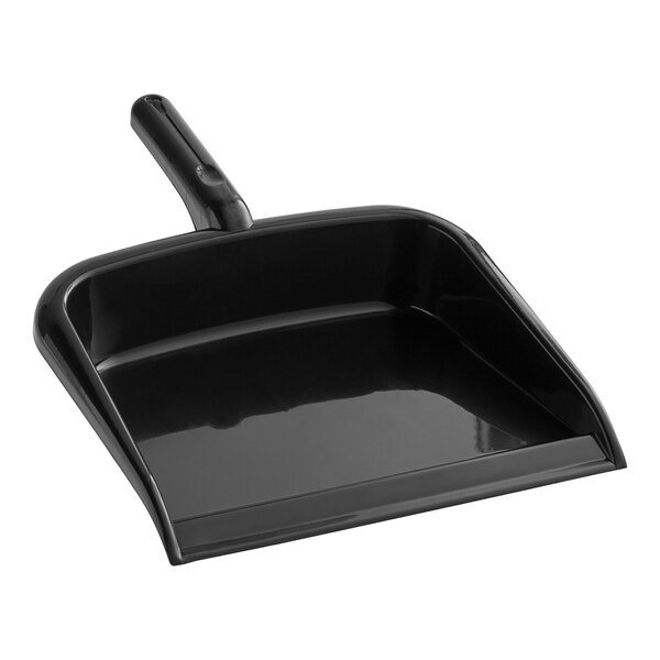 A black plastic dustpan with a handle.