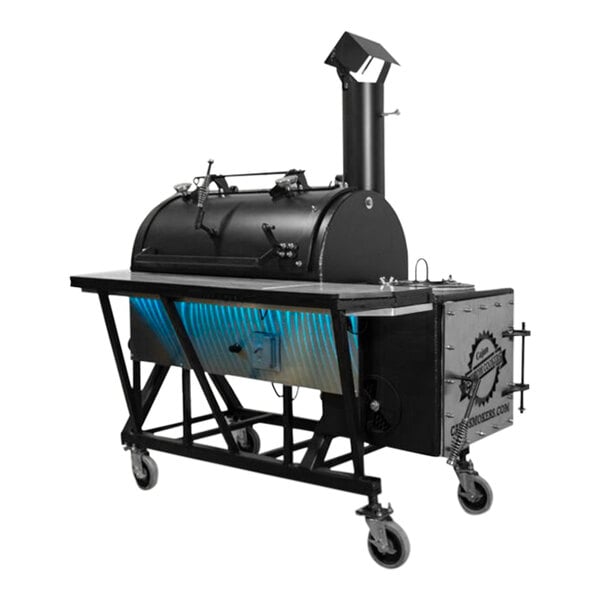 A black and silver reverse flow smoker grill with wheels.