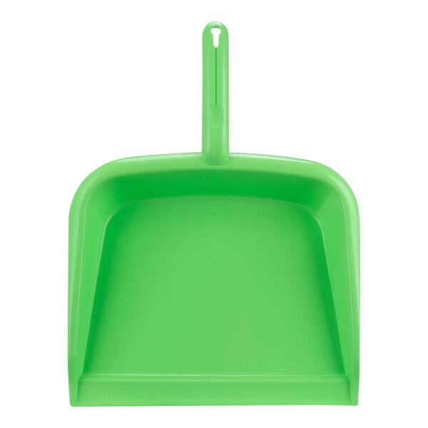 A green plastic dust pan with a handle.