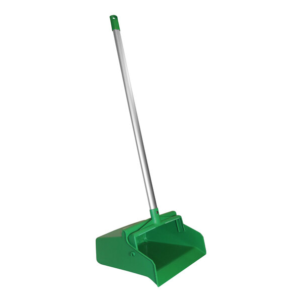 A green dustpan with a long silver metal handle.