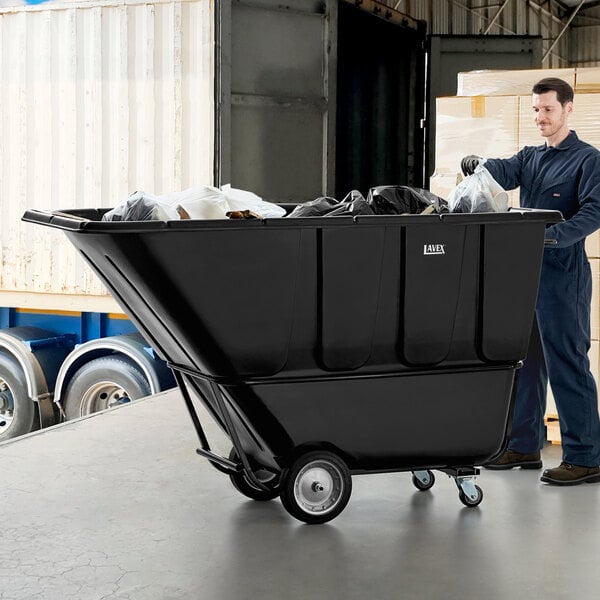 Lavex 1 Cubic Yard Black Heavy-Duty Tilt Truck / Trash Cart (2100 lb.  Capacity)