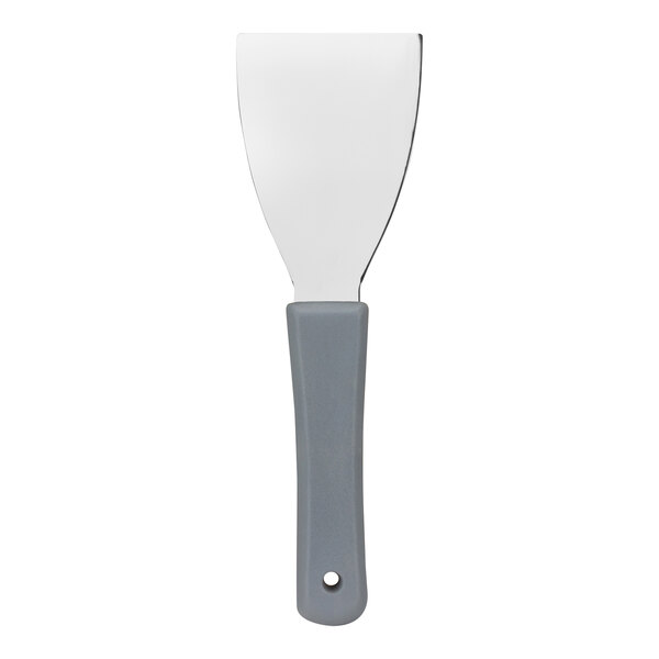 A Carlisle gray steel handheld scraper with a white handle.