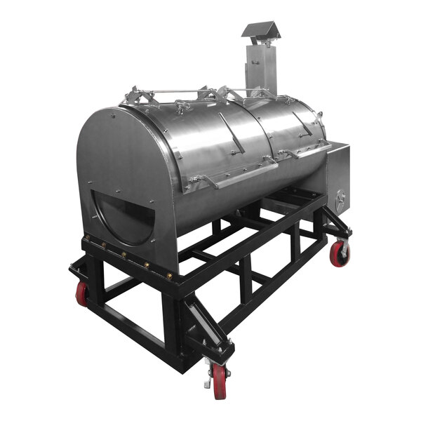 A stainless steel cylindrical barbecue grill on wheels.