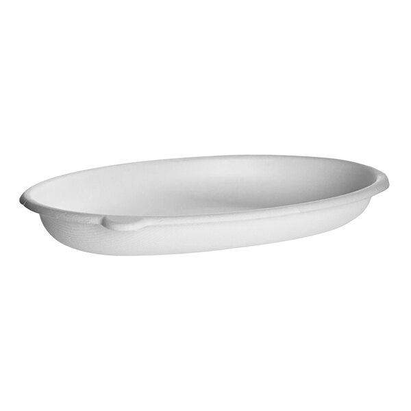 A white oval shaped bowl on a white background.