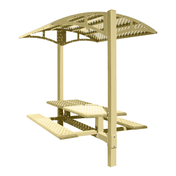 A Paris Site Furnishings beige picnic table with canopy and basket weave perforations.