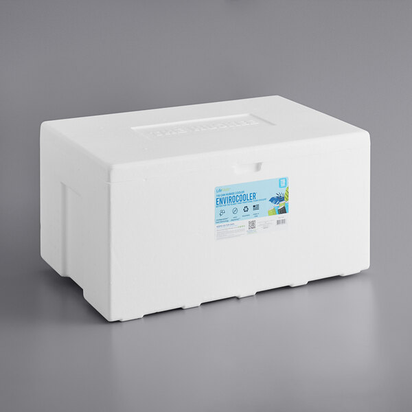 A white Lifoam cooler box with a blue and white label.