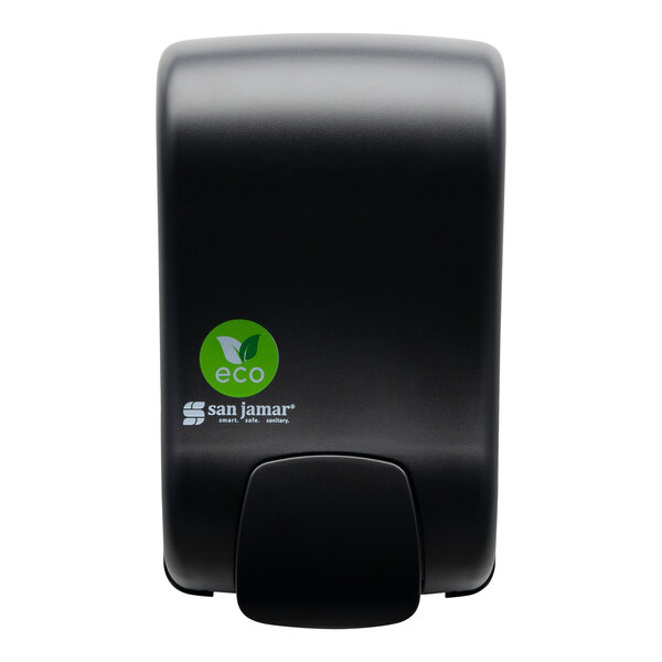 A black rectangular San Jamar Rely EcoLogic foam soap and sanitizer dispenser with a green and white logo.