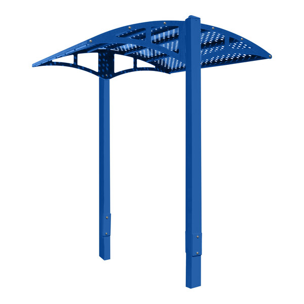 A blue metal structure with a curved roof and basket weave perforations.