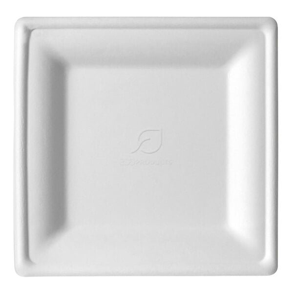 A white square Eco-Products plate with a black and white logo on it.