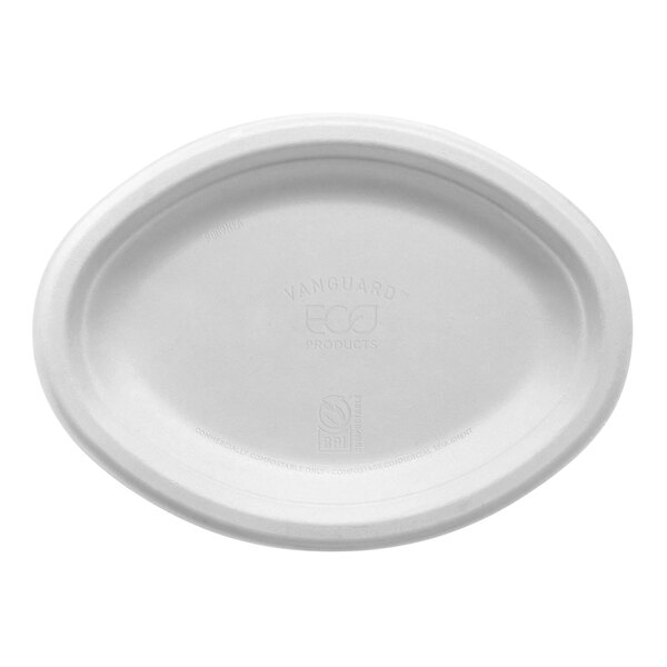A white oval Eco-Products sugarcane plate with text on it.