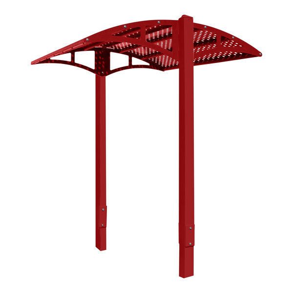 A red metal structure with perforated metal posts and a curved roof.