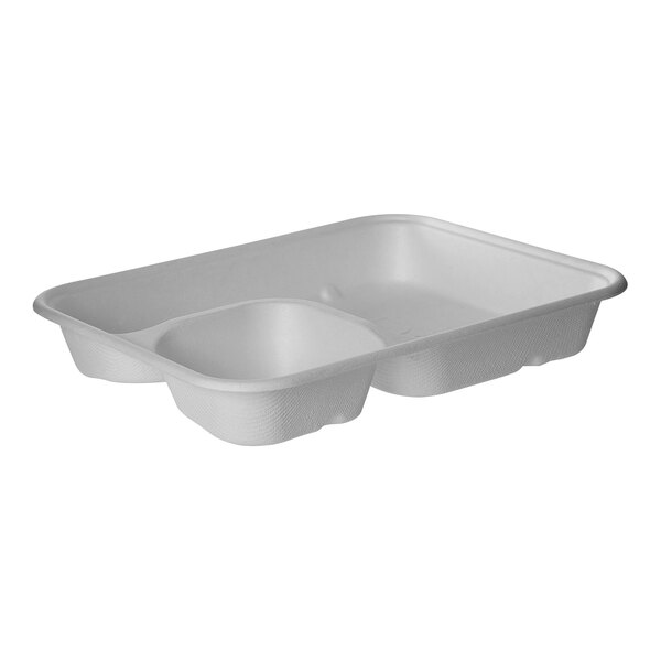 A white Eco-Products compostable sugarcane tray with two compartments.