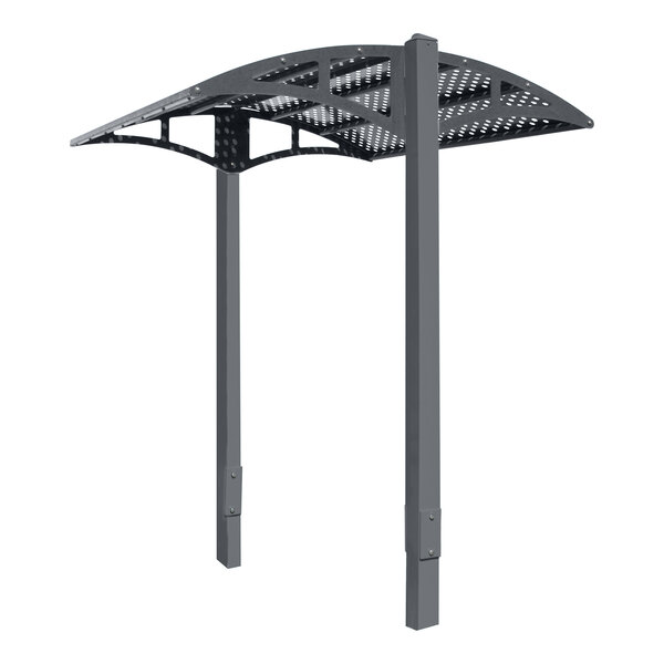 A graphite gray metal canopy with basket weave perforations over a grey metal structure.