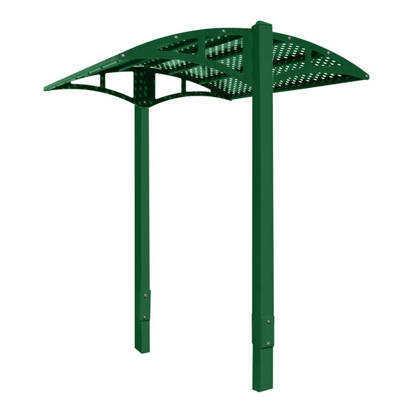 A green metal structure with perforated metal posts.