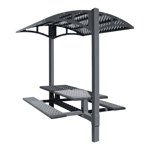 A Paris Site Furnishings graphite gray metal picnic table with a canopy over it.