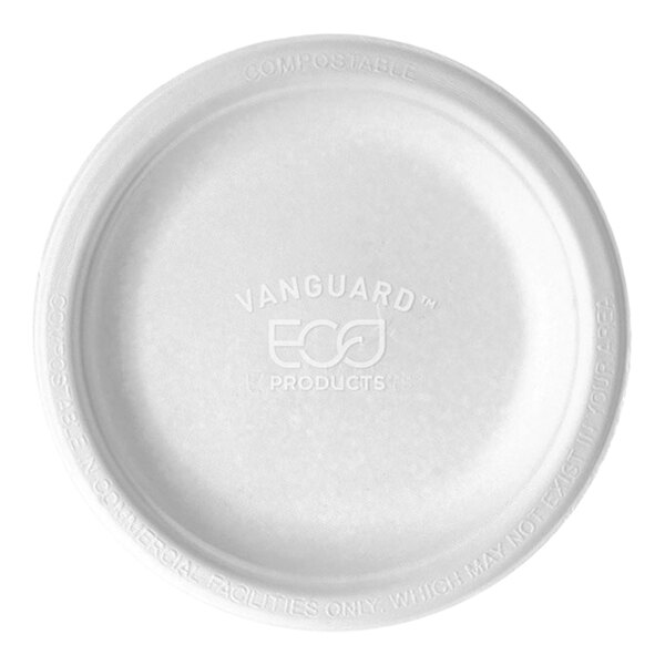 A white Eco-Products round plate with white text on it.