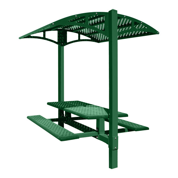 A moss green Paris Site Furnishings picnic table with a moss green canopy and basket weave perforations.