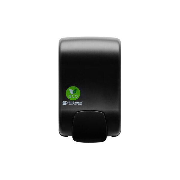 A black San Jamar manual soap, sanitizer, and lotion dispenser with a green logo.