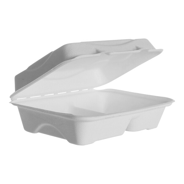 A white Eco-Products compostable clamshell container with 2 compartments.
