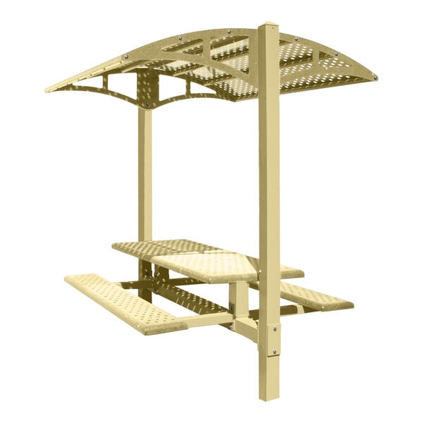 A Paris Site Furnishings beige picnic table with a canopy.